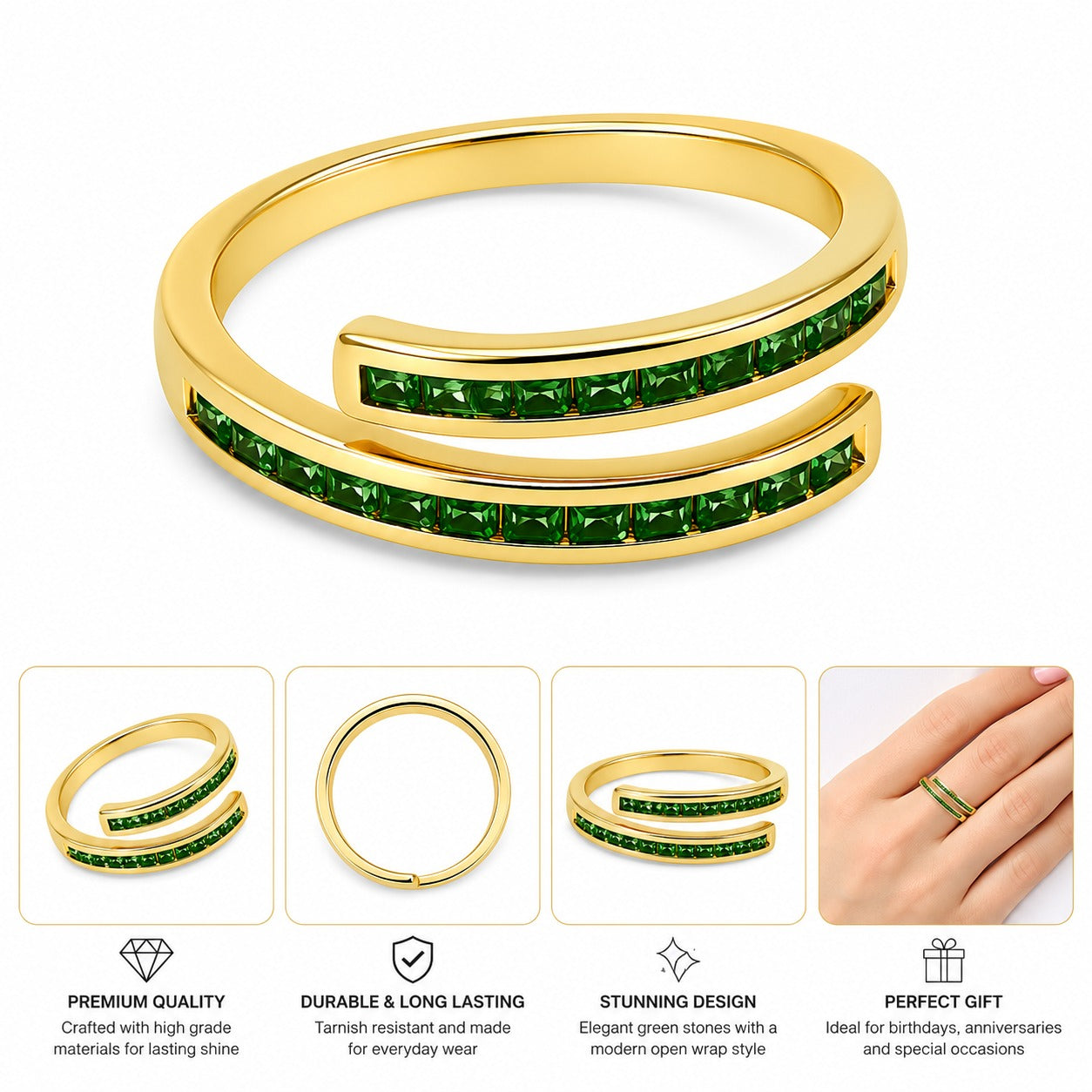 Gold-Plated Open Ring with Green Cubic Zirconia Stones