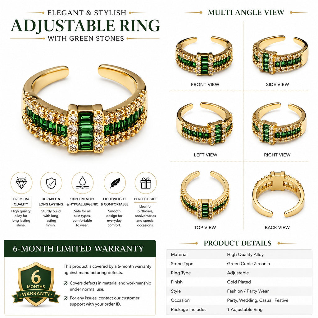 Gold Plated Adjustable Open Ring for Women | Green Baguette Cubic Zirconia | Elegant Fashion Ring | Party, Wedding & Daily Wear | 6-Month Warranty