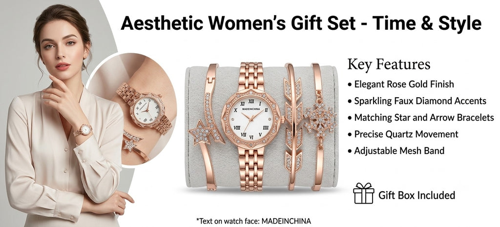Ande Kleyn Women's Rose Gold Watch and Bracelet Set - 4-Piece Crystal Accent Quartz Dress Watch with Matching Star, Geometric &amp; Snowflake Charm Bracelets - Gift Boxed Jewelry Set for Women