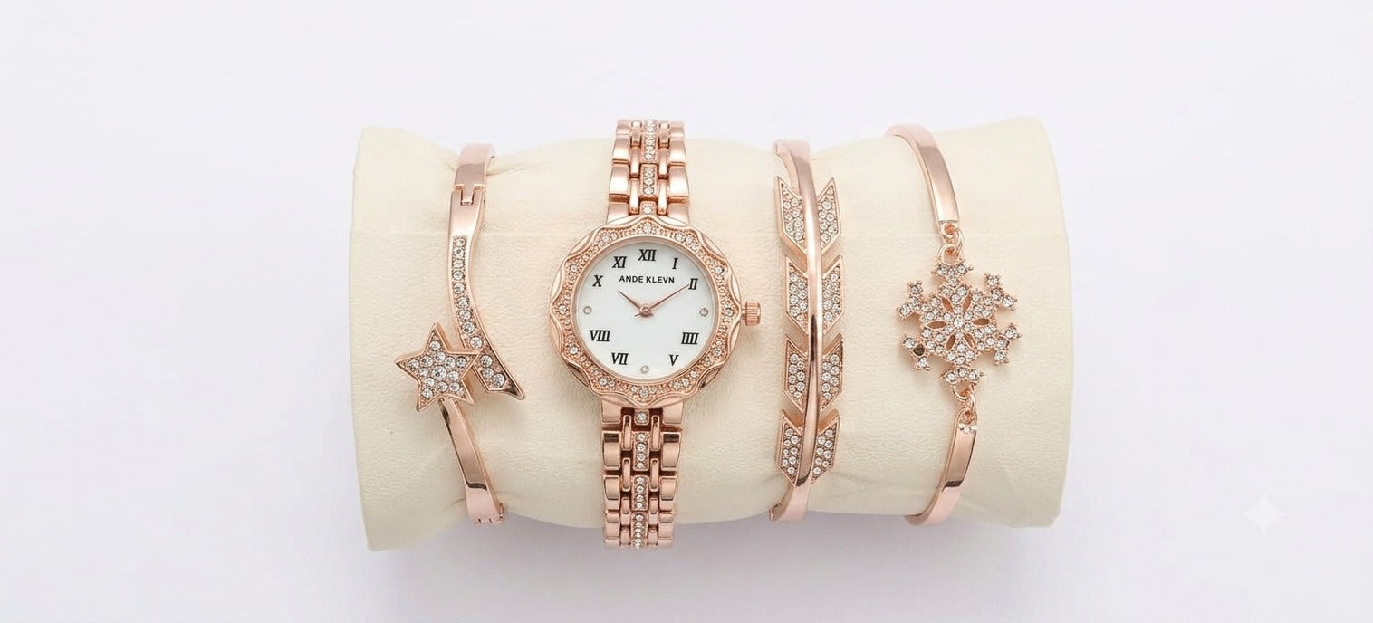 Ande Kleyn Women's Rose Gold Watch and Bracelet Set - 4-Piece Crystal Accent Quartz Dress Watch with Matching Star, Geometric &amp; Snowflake Charm Bracelets - Gift Boxed Jewelry Set for Women
