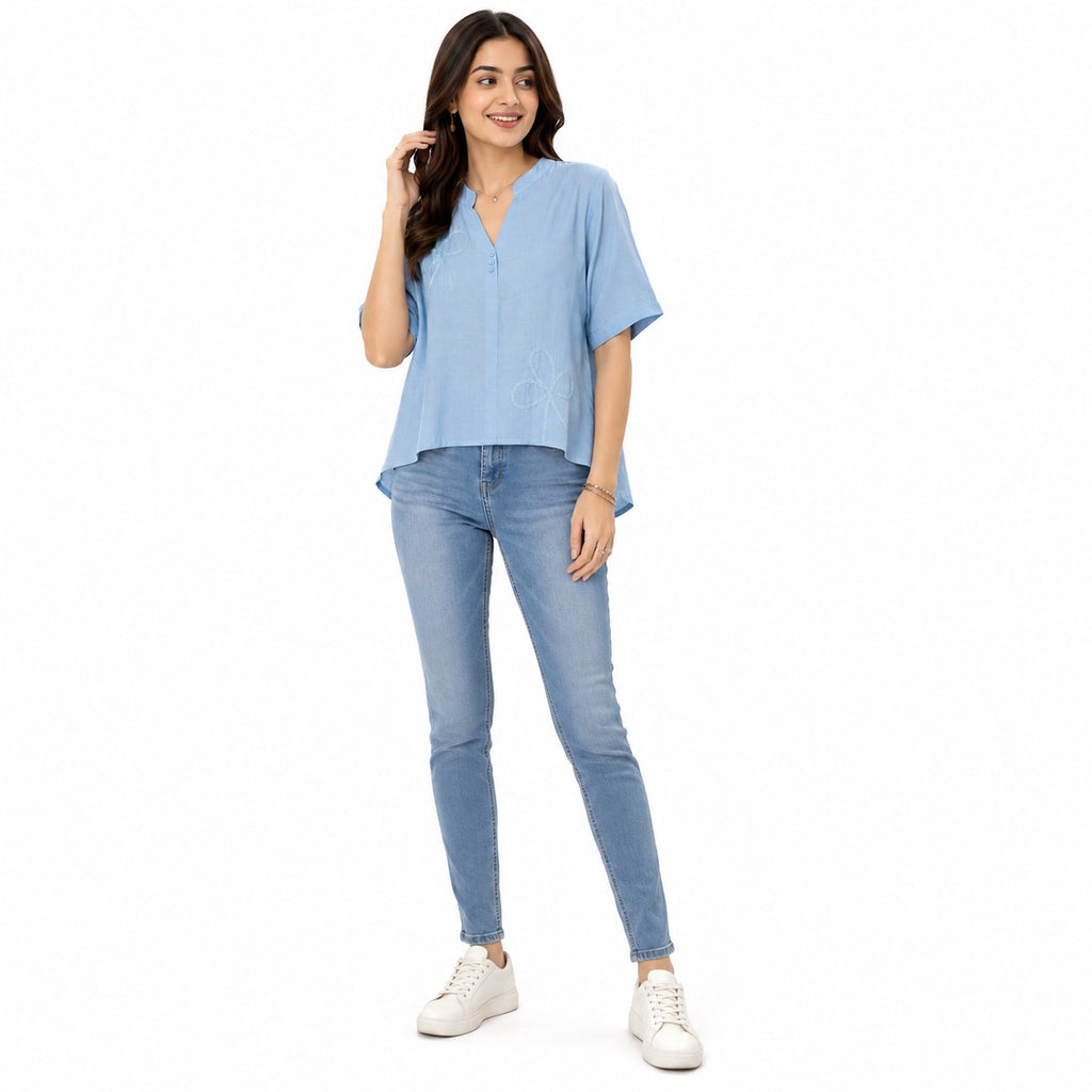 Women’s Sky Blue Embroidered High-Low Top