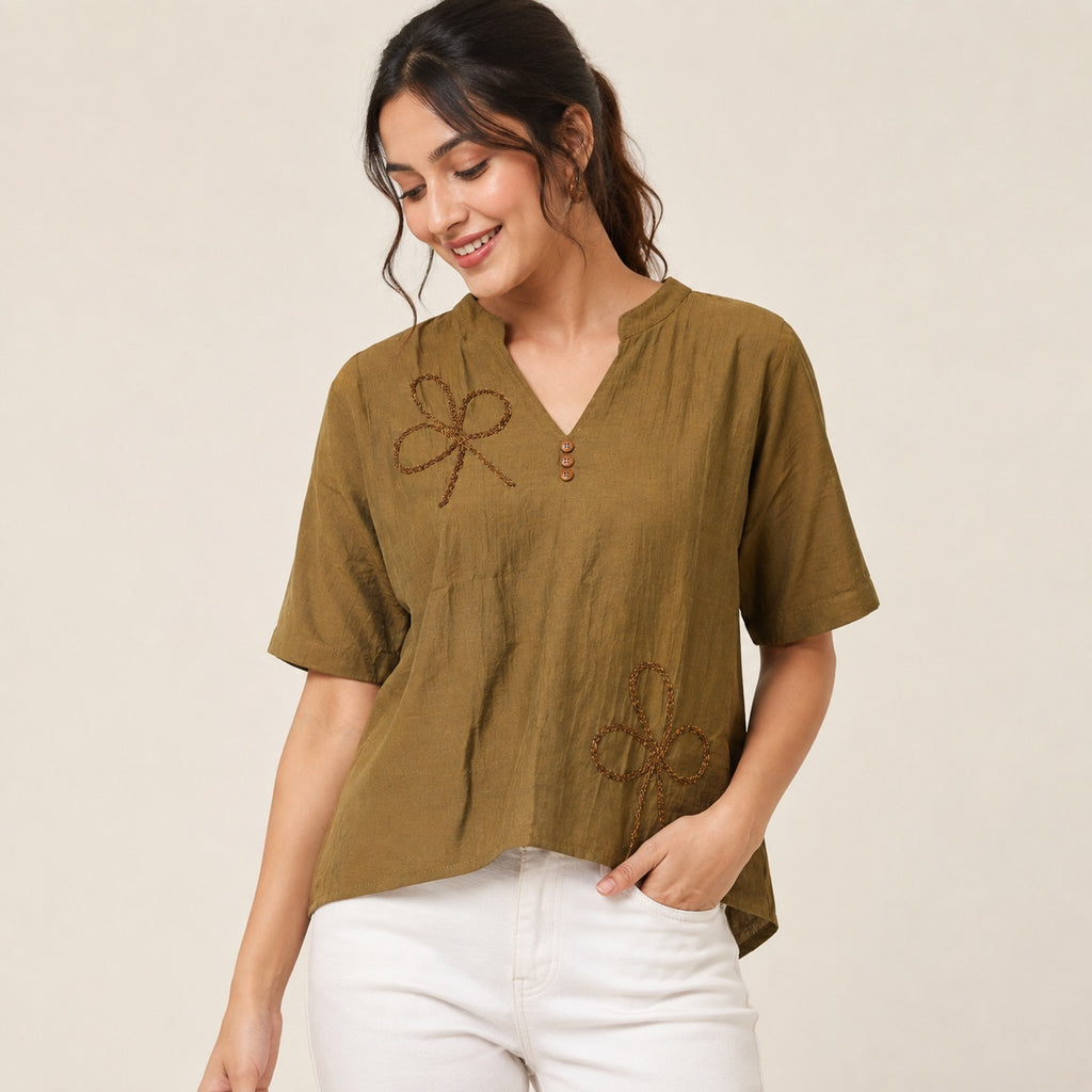 Women’s Olive Brown Embroidered High-Low Top