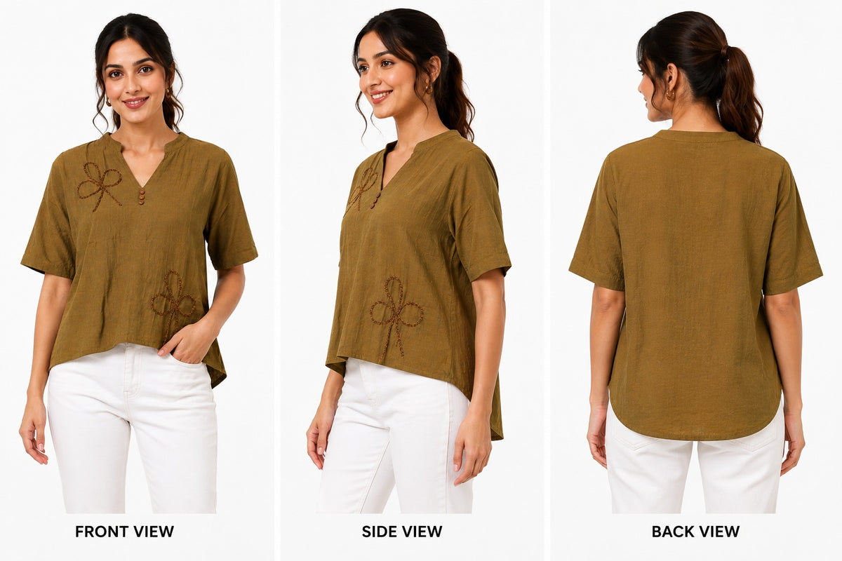 Women’s Olive Brown Embroidered High-Low Top
