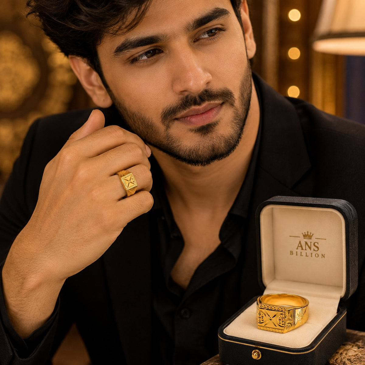 Premium Gold Finish Designer Ring for Men | Classic Engraved Statement Band