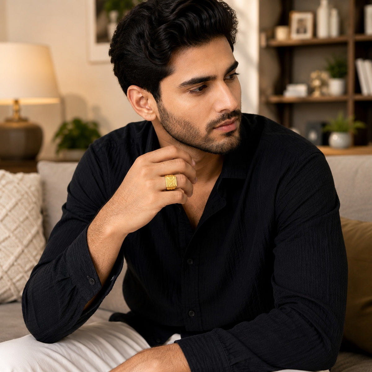 Premium Gold Finish Designer Ring for Men | Classic Engraved Statement Band