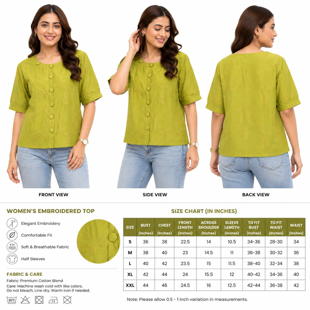 Olive Green Embroidered Front-Button Top