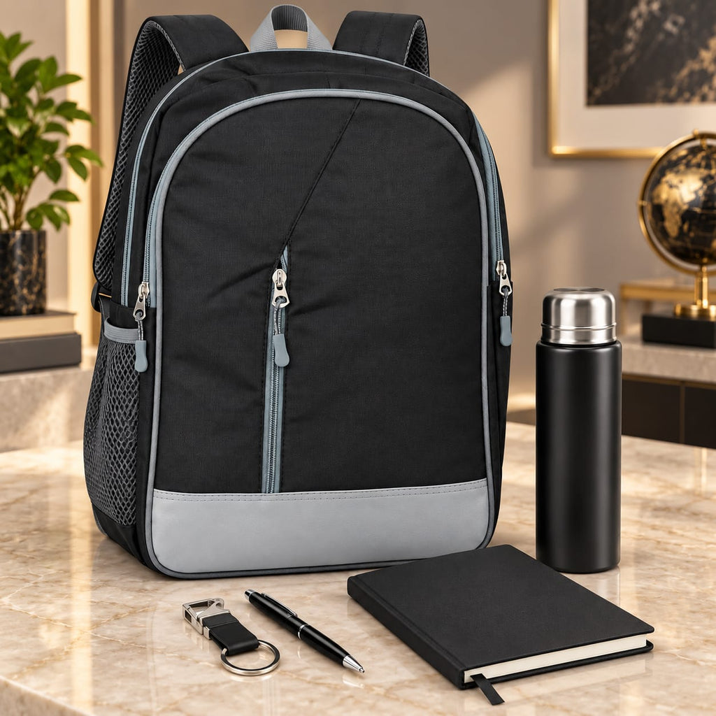 Premium 5-Piece Corporate Gift Set with Backpack, Bottle, Notebook, Pen & Keychain – Black & Grey