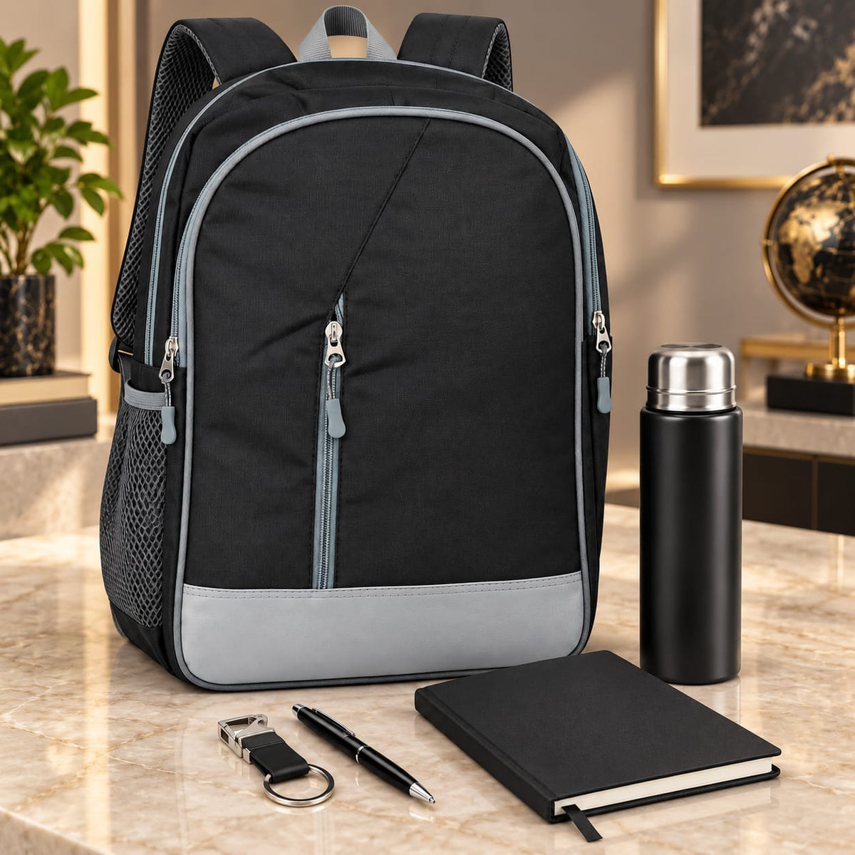 Premium 5-Piece Corporate Gift Set with Backpack, Bottle, Notebook, Pen & Keychain – Black & Grey