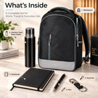 Premium 5-Piece Corporate Gift Set with Backpack, Bottle, Notebook, Pen & Keychain – Black & Grey