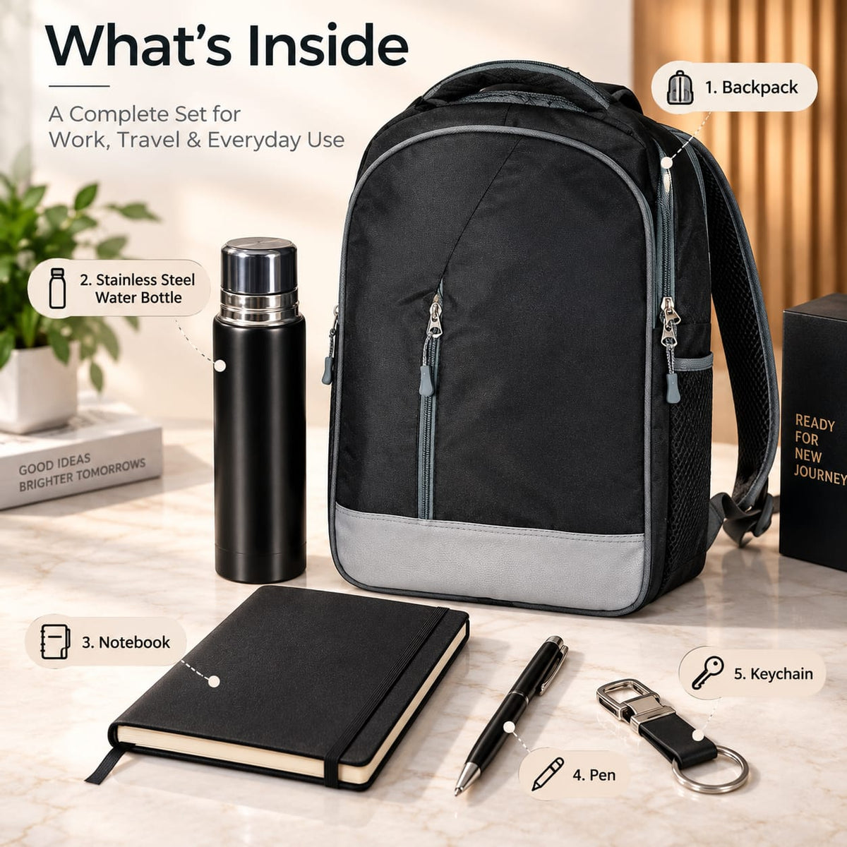 Premium 5-Piece Corporate Gift Set with Backpack, Bottle, Notebook, Pen & Keychain – Black & Grey