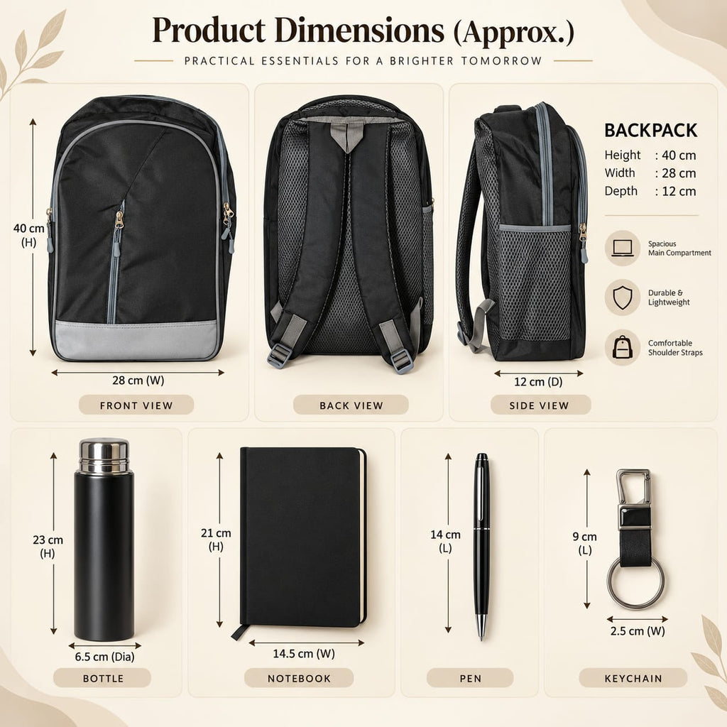 Premium 5-Piece Corporate Gift Set with Backpack, Bottle, Notebook, Pen & Keychain – Black & Grey