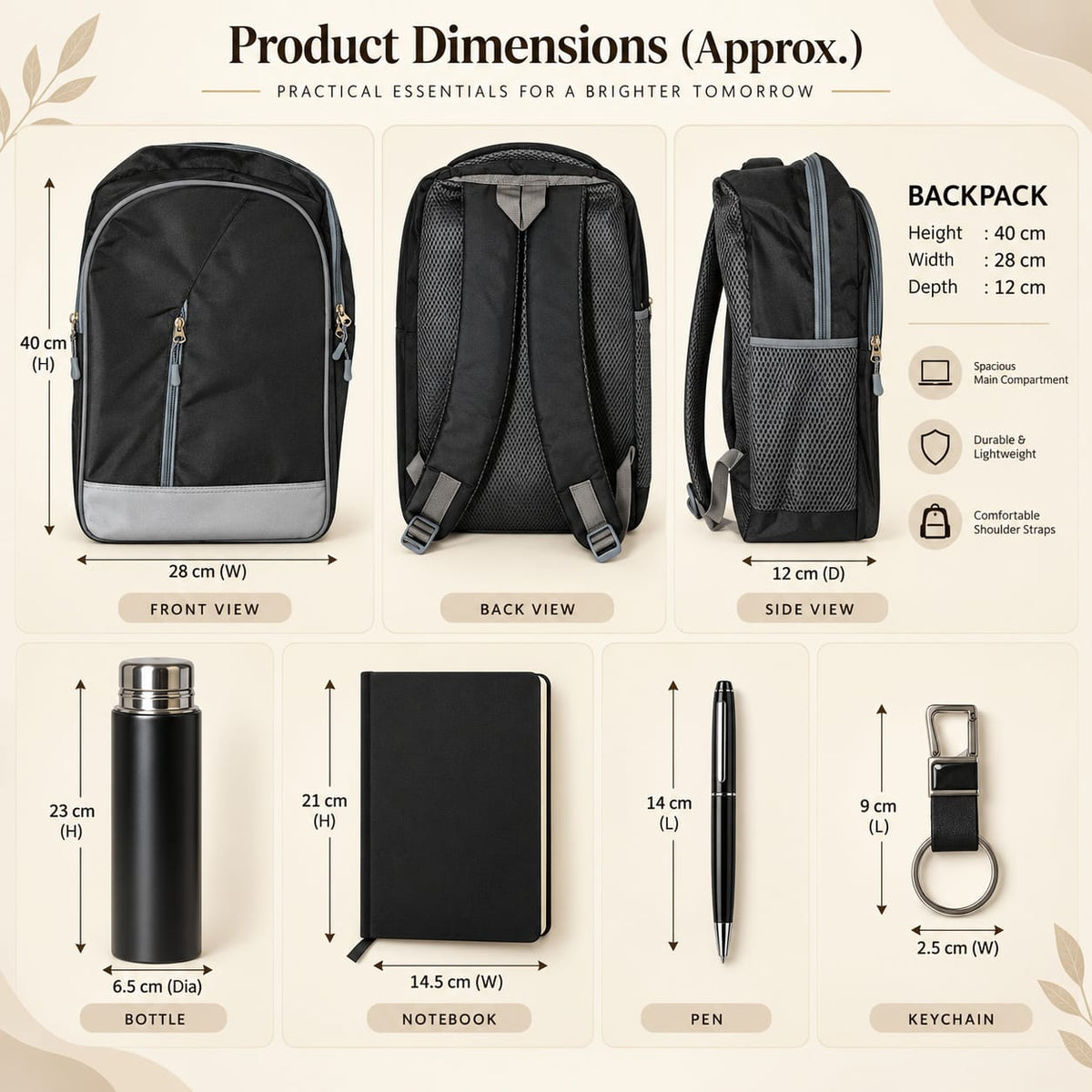 Premium 5-Piece Corporate Gift Set with Backpack, Bottle, Notebook, Pen & Keychain – Black & Grey