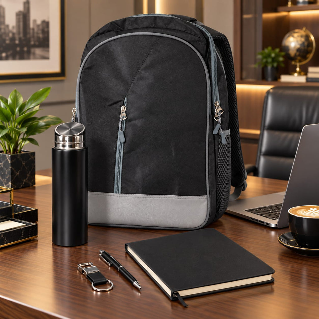 Premium 5-Piece Corporate Gift Set with Backpack, Bottle, Notebook, Pen & Keychain – Black & Grey