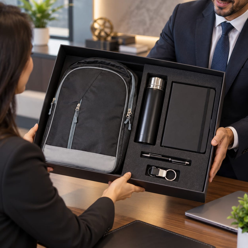 Premium 5-Piece Corporate Gift Set with Backpack, Bottle, Notebook, Pen & Keychain – Black & Grey