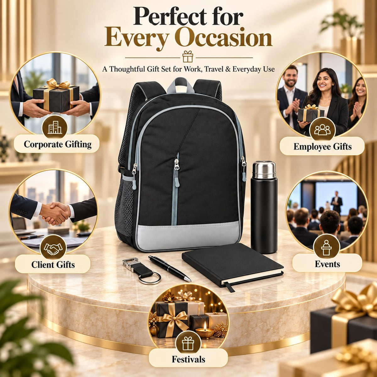 Premium 5-Piece Corporate Gift Set with Backpack, Bottle, Notebook, Pen & Keychain – Black & Grey
