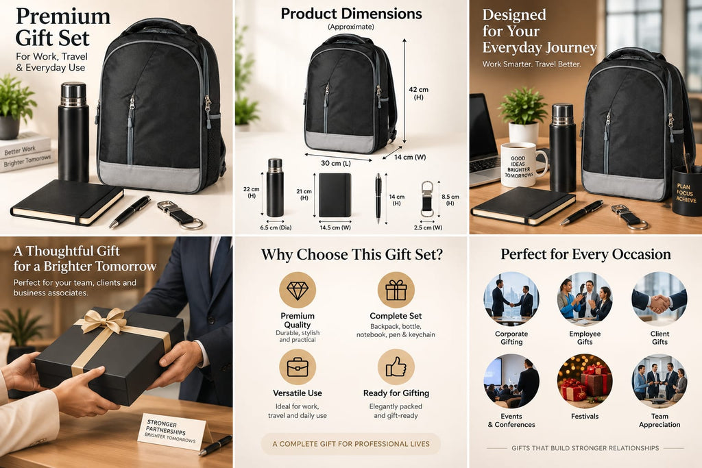 Premium 5-Piece Corporate Gift Set with Backpack, Bottle, Notebook, Pen & Keychain – Black & Grey