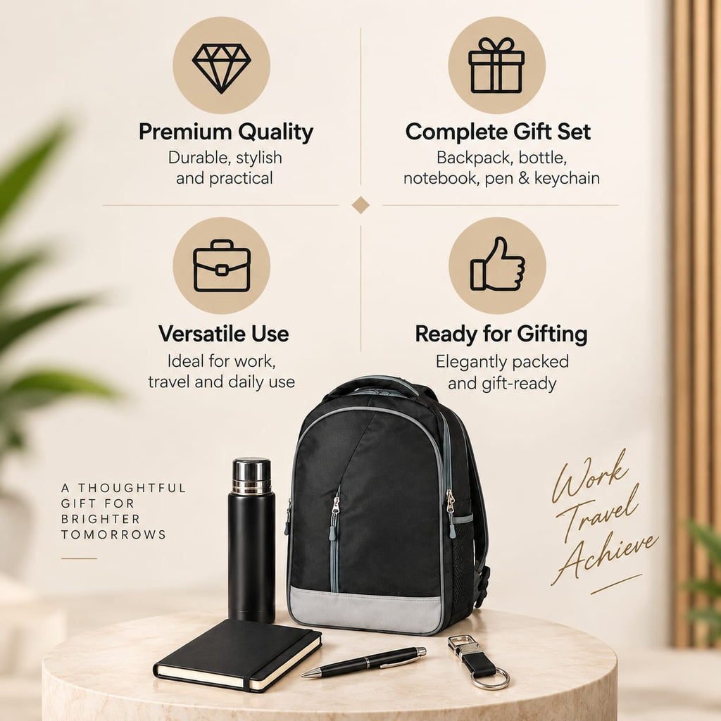 Premium 5-Piece Corporate Gift Set with Backpack, Bottle, Notebook, Pen & Keychain – Black & Grey
