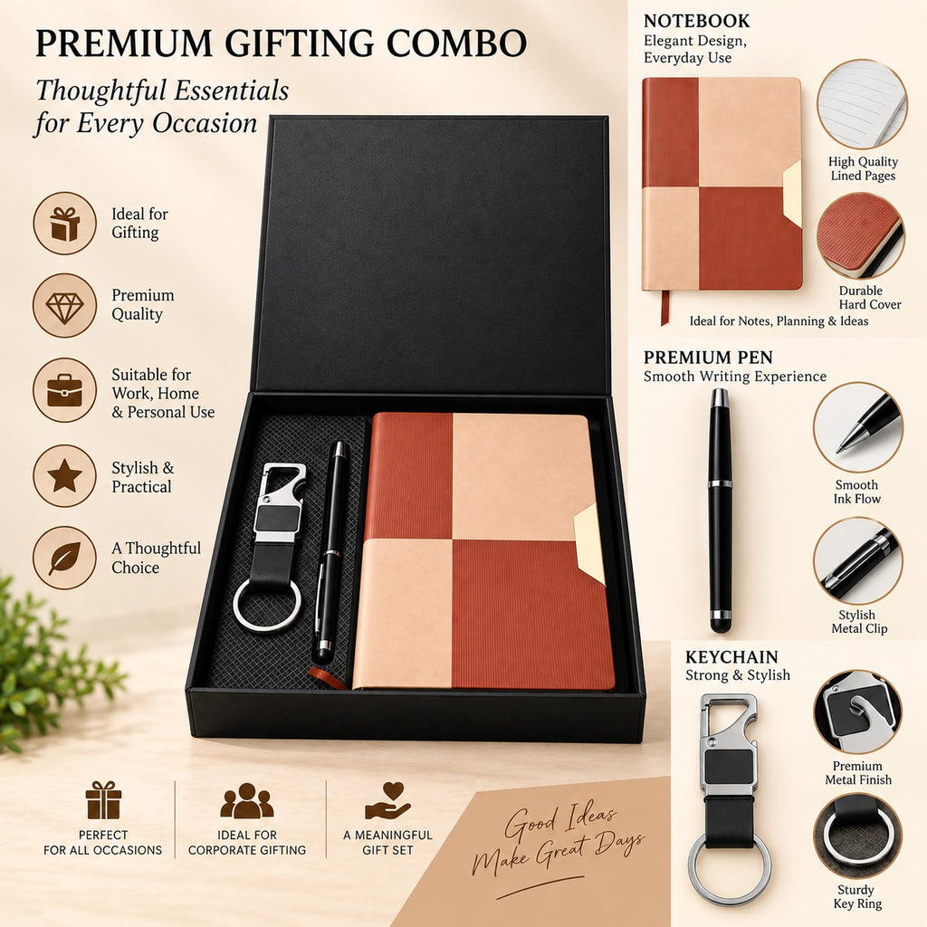 Premium 3-Piece Corporate Gift Set with Notebook, Pen & Keychain