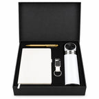 Premium 4-Piece Corporate Gift Set with Notebook, Pen, Bottle & Keychain – White & Gold