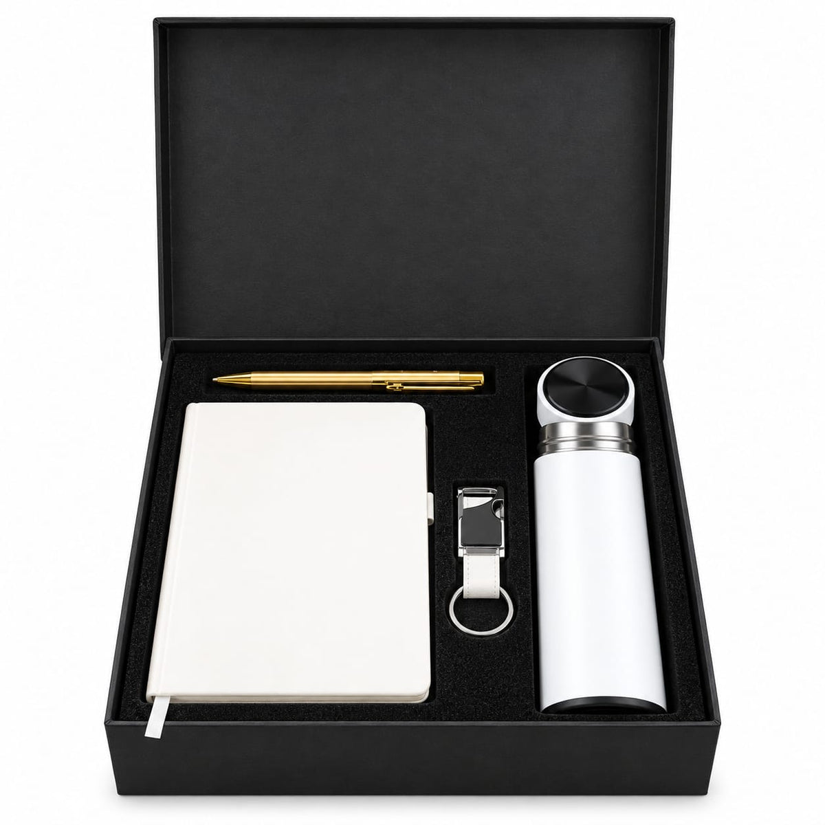 Premium 4-Piece Corporate Gift Set with Notebook, Pen, Bottle & Keychain – White & Gold