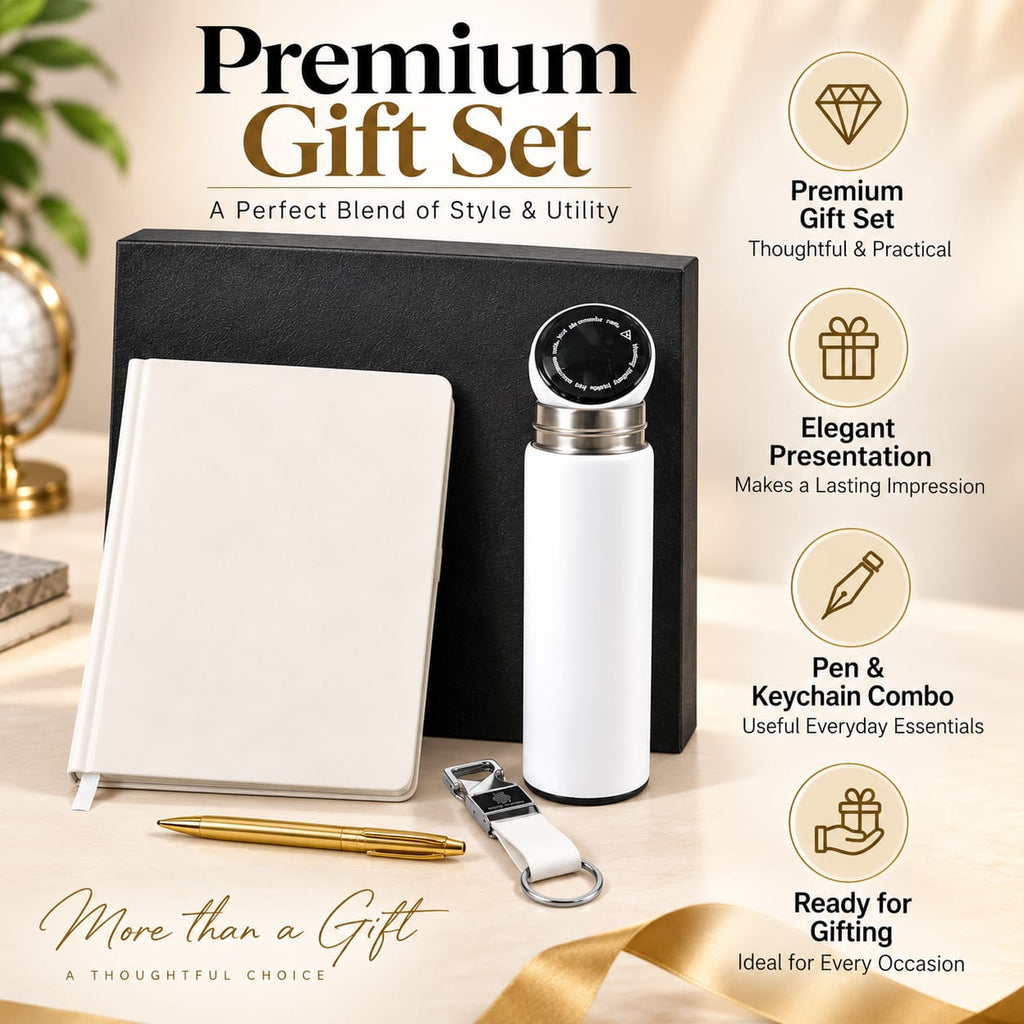 Premium 4-Piece Corporate Gift Set with Notebook, Pen, Bottle & Keychain – White & Gold