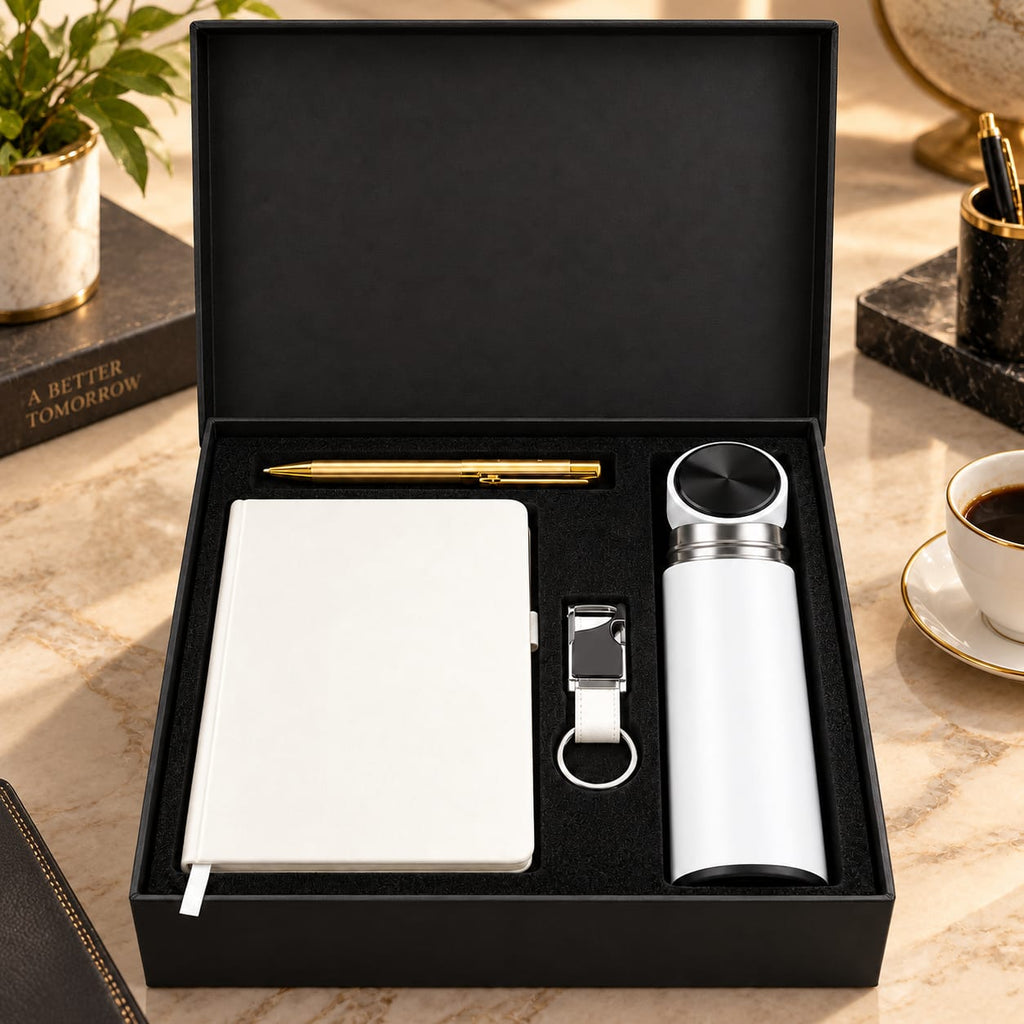 Premium 4-Piece Corporate Gift Set with Notebook, Pen, Bottle & Keychain – White & Gold