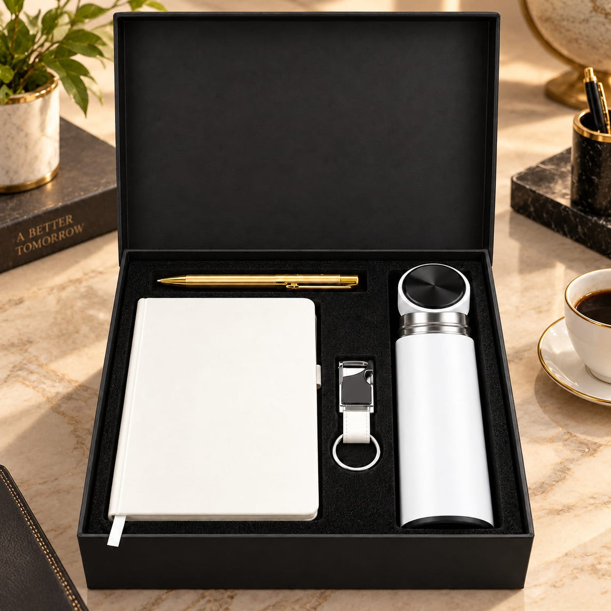 Premium 4-Piece Corporate Gift Set with Notebook, Pen, Bottle & Keychain – White & Gold