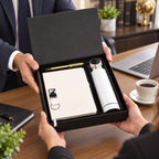Premium 4-Piece Corporate Gift Set with Notebook, Pen, Bottle & Keychain – White & Gold