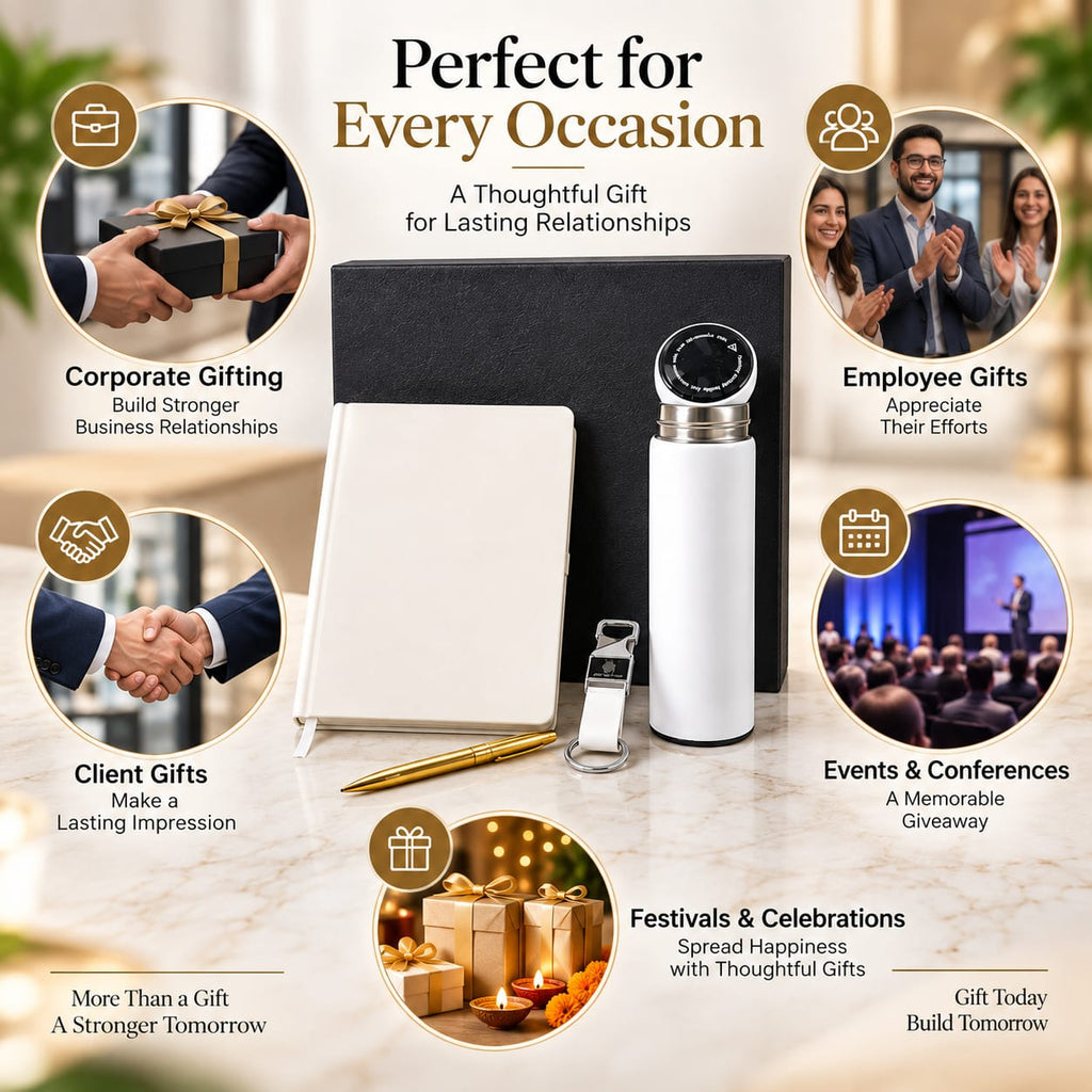 Premium 4-Piece Corporate Gift Set with Notebook, Pen, Bottle & Keychain – White & Gold