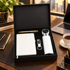 Premium 4-Piece Corporate Gift Set with Notebook, Pen, Bottle & Keychain – White & Gold