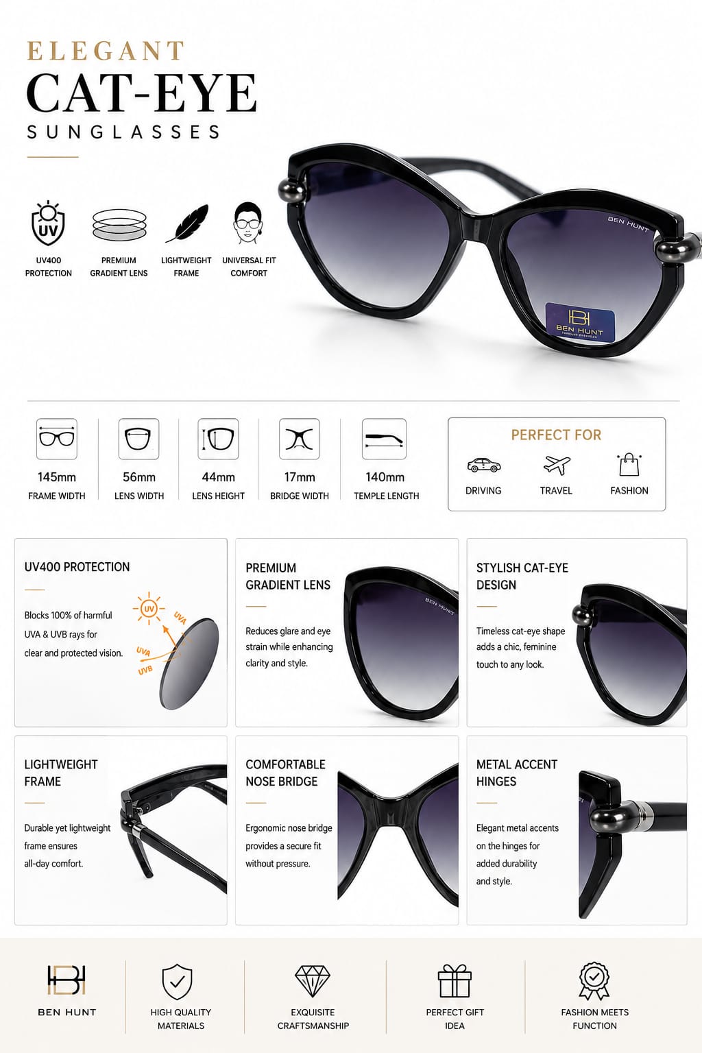 Upgrade your style with these elegant BEN HUNT Polarized Cat Eye Sunglasses.