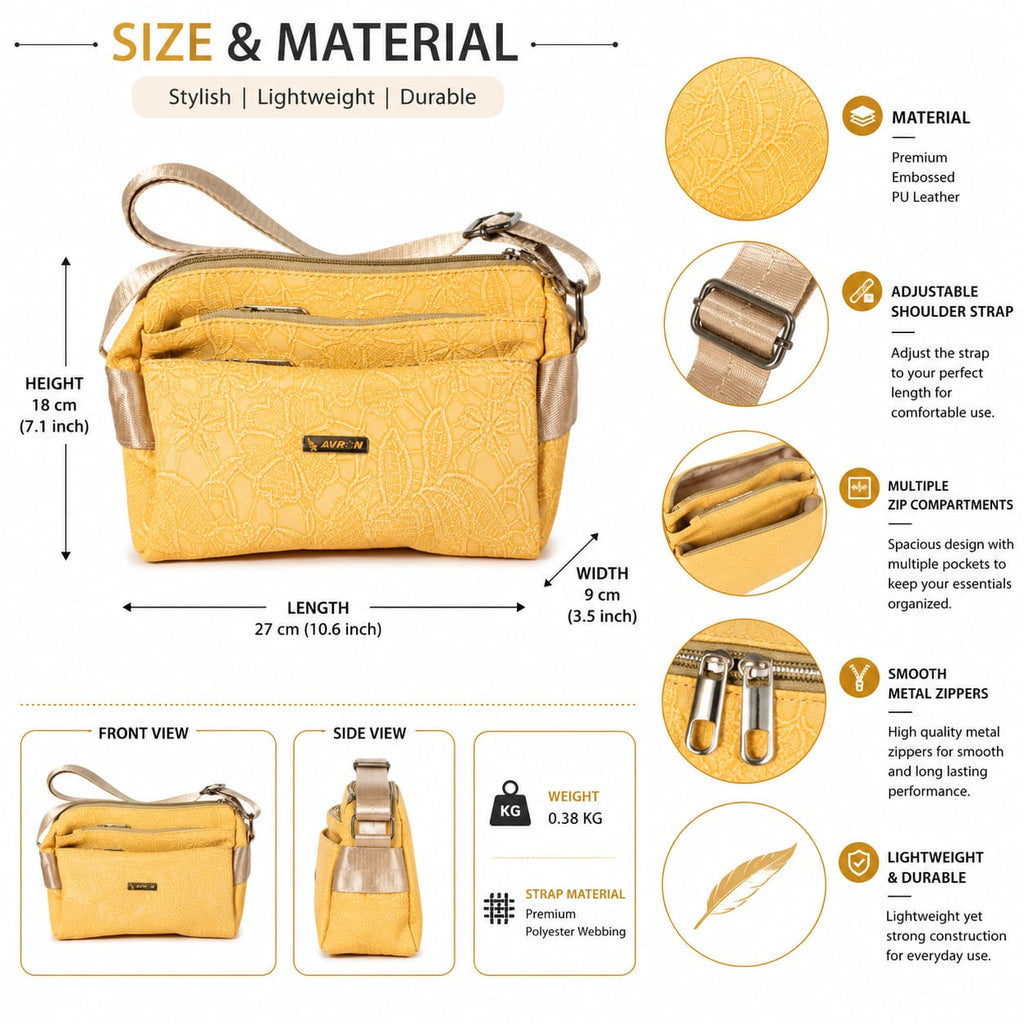 Women's Premium Embossed PU Leather Sling Bag | Multi Pocket Crossbody Shoulder Bag | Adjustable Strap | Lightweight Everyday Travel Handbag | Yellow Brand