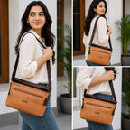 Premium PU Leather Crossbody Sling Bag for Women | Floral Embossed Shoulder Bag | Adjustable Strap | Multi-Zip Travel & Daily Use Messenger Bag | Tan Brown