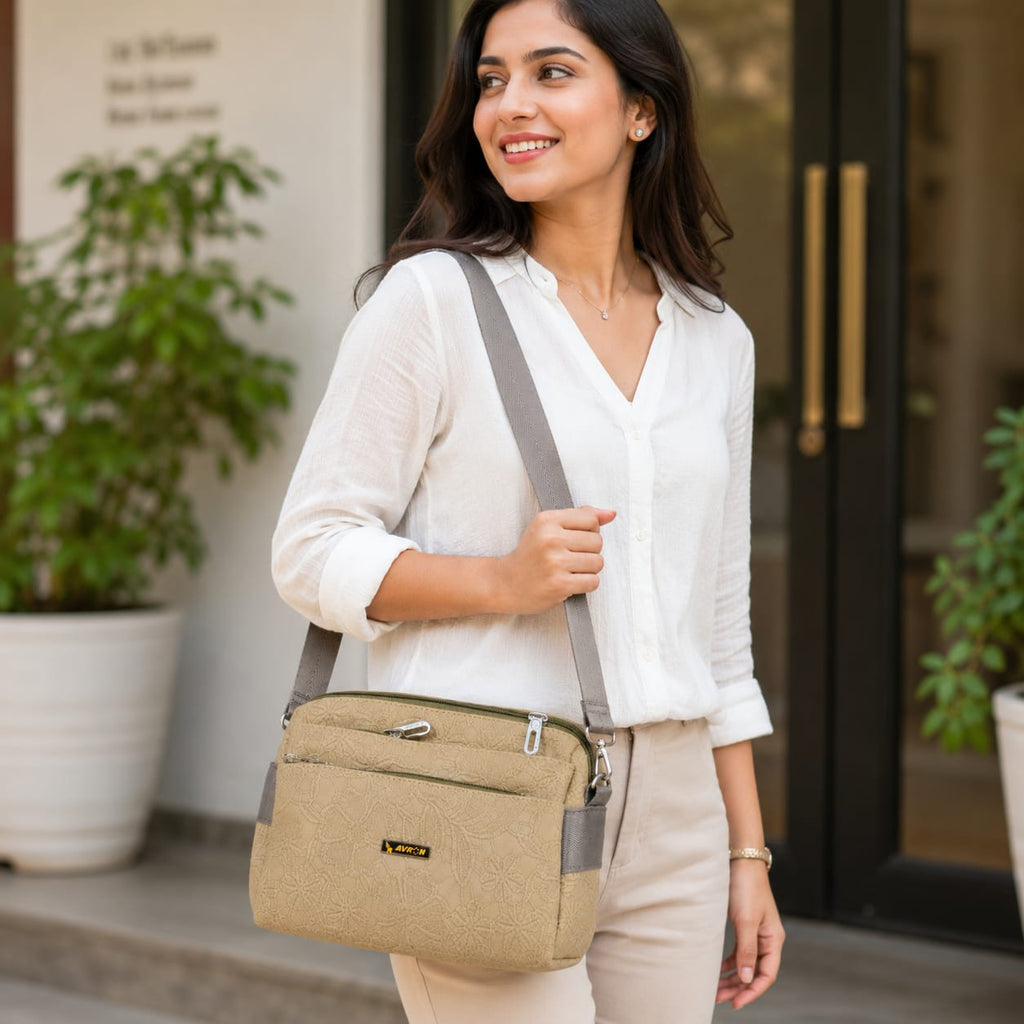 Women's Crossbody Sling Bag | Premium Embossed PU Leather | Adjustable Shoulder Strap | Multi-Zip Lightweight Travel Messenger Bag | Beige Key Product Features (Bullet Points)