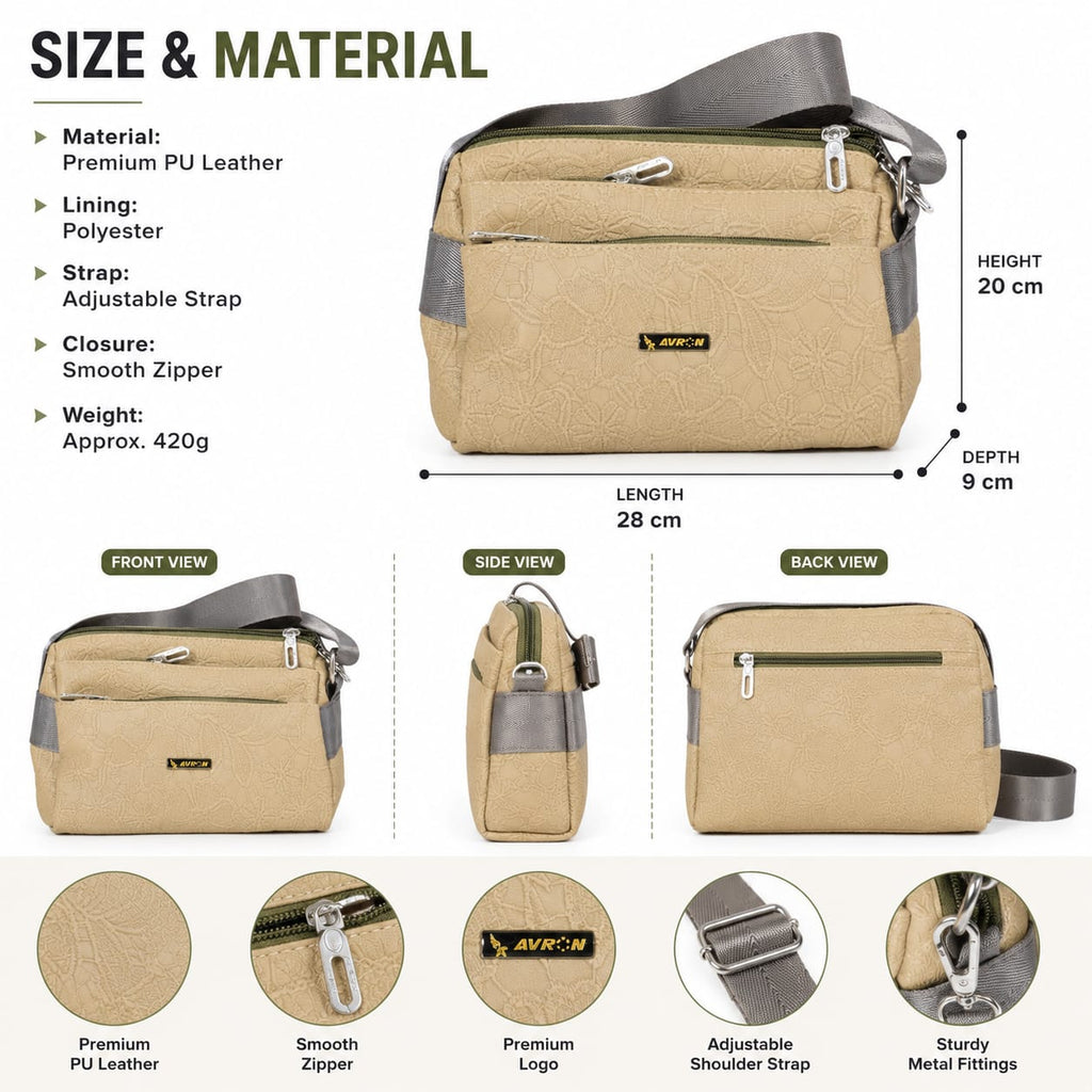 Women's Crossbody Sling Bag | Premium Embossed PU Leather | Adjustable Shoulder Strap | Multi-Zip Lightweight Travel Messenger Bag | Beige Key Product Features (Bullet Points)