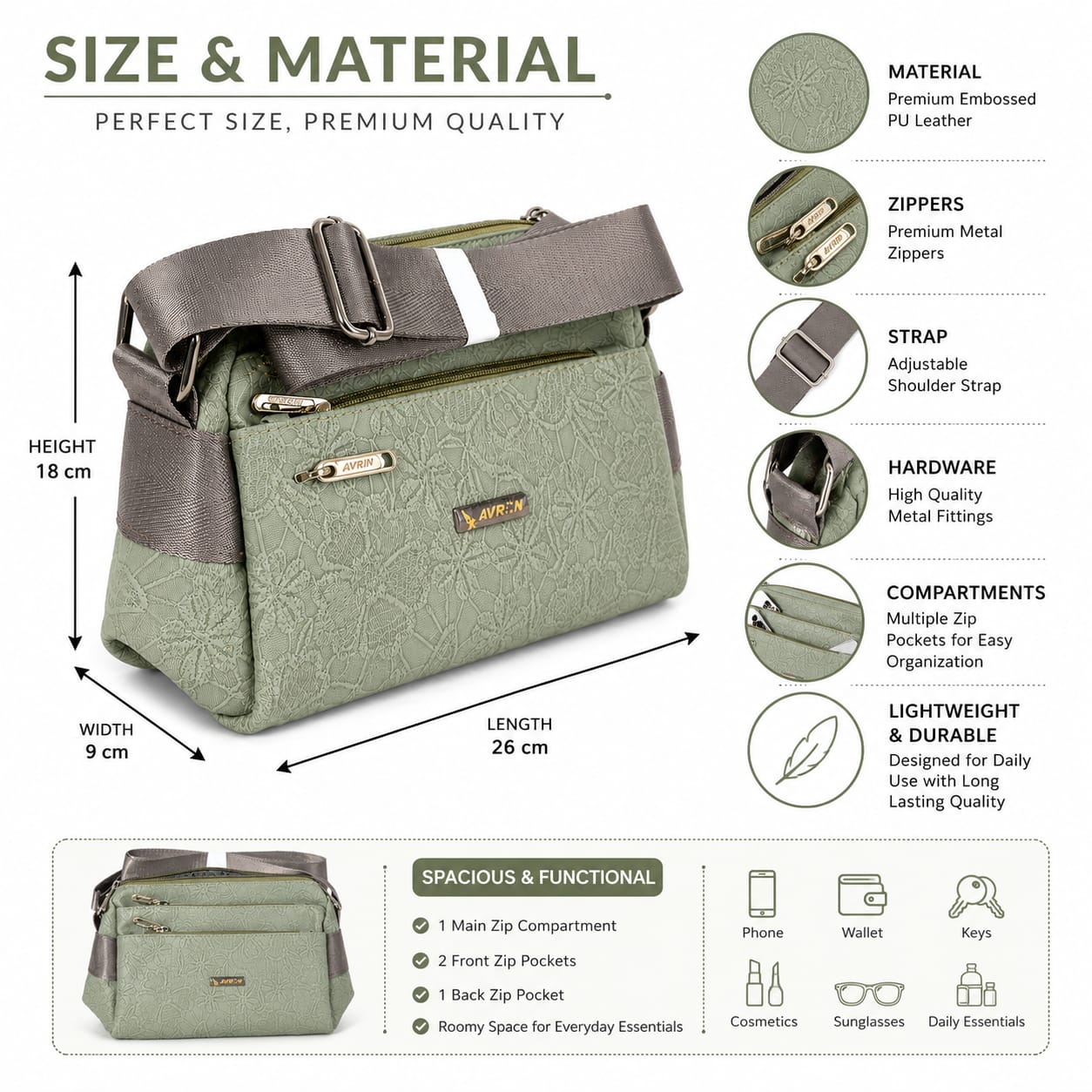 Women's Crossbody Sling Bag | Premium Embossed PU Leather Shoulder Bag | Multi-Zip Compartments | Adjustable Strap | Lightweight Everyday Purse | Sage Green