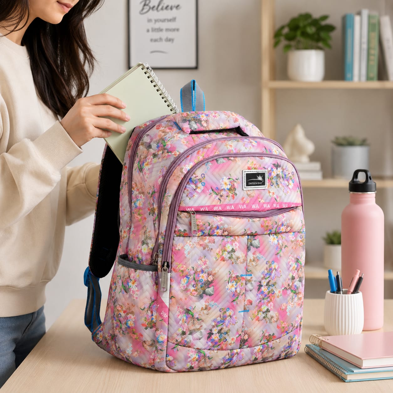 Floral Printed School & College Backpack for Girls & Women | Lightweight Quilted Backpack | Water-Resistant Polyester | Multiple Compartments | Travel, Office & Daily Use