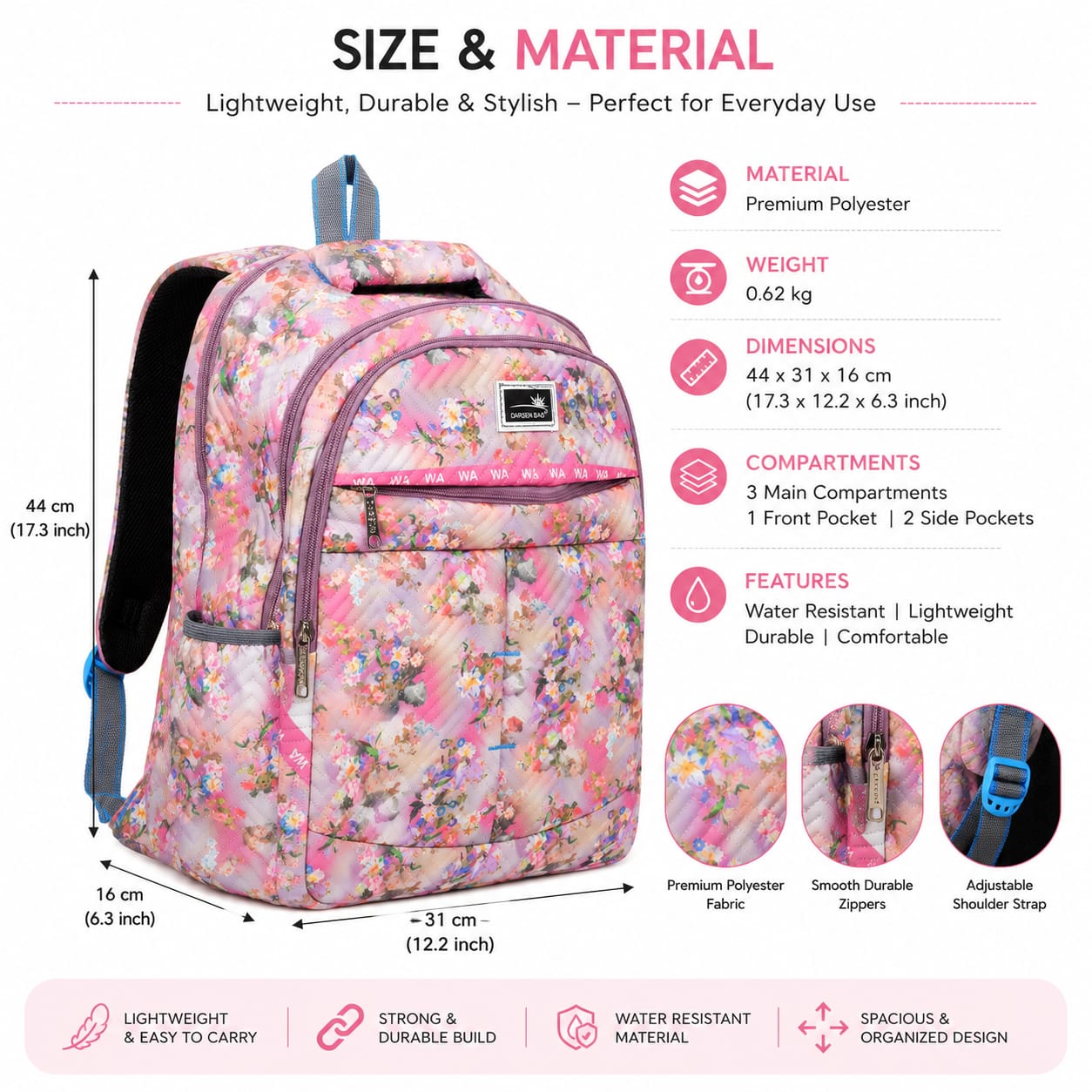 Floral Printed School & College Backpack for Girls & Women | Lightweight Quilted Backpack | Water-Resistant Polyester | Multiple Compartments | Travel, Office & Daily Use