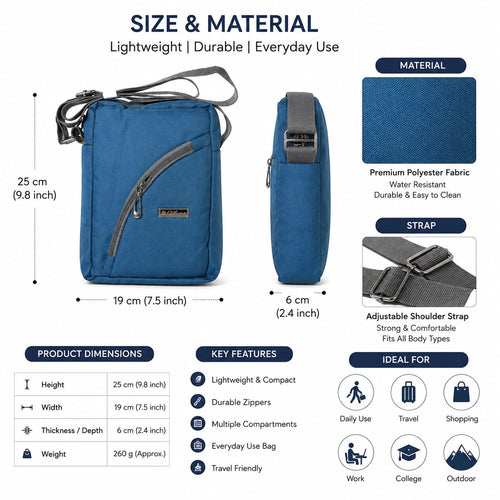 Blue Crossbody Sling Bag for Men & Women | Lightweight Water-Resistant Polyester | Adjustable Shoulder Strap | Multi-Pocket Everyday Travel Messenger Bag