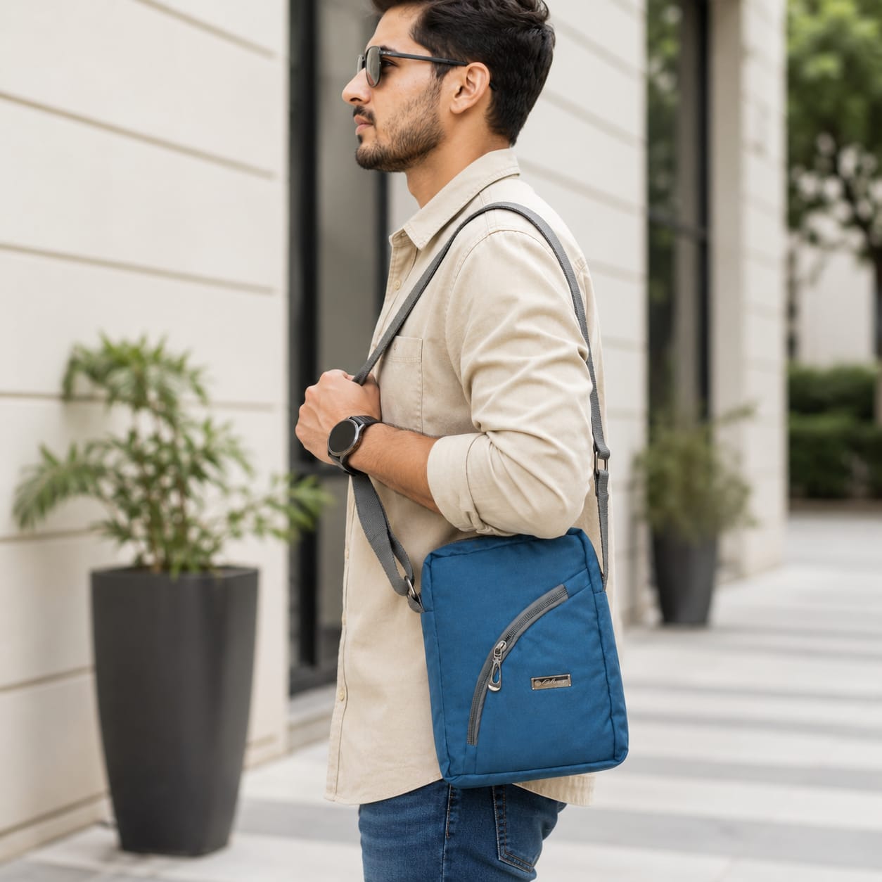 Blue Crossbody Sling Bag for Men & Women | Lightweight Water-Resistant Polyester | Adjustable Shoulder Strap | Multi-Pocket Everyday Travel Messenger Bag