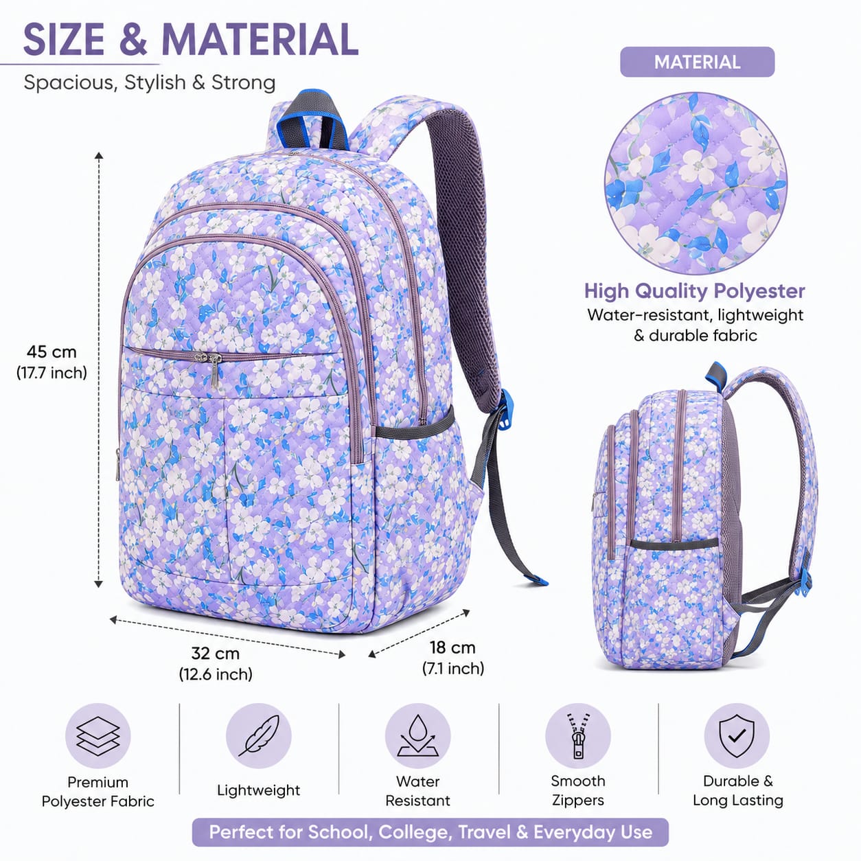 Floral Printed School Backpack for Girls & Women | Lightweight Water Resistant Polyester | Multi-Compartment Travel, College & Casual Backpack | Purple