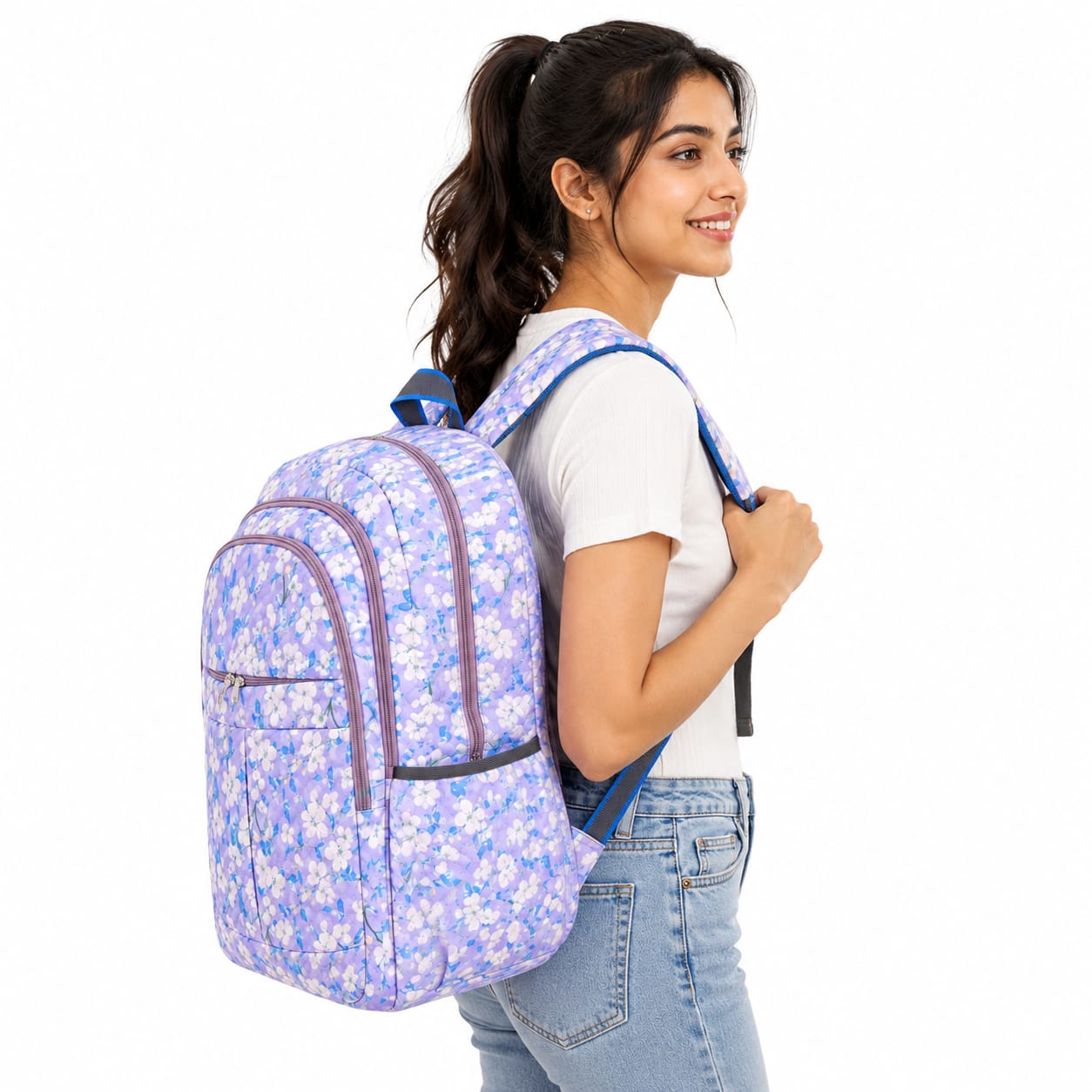 Floral Printed School Backpack for Girls & Women | Lightweight Water Resistant Polyester | Multi-Compartment Travel, College & Casual Backpack | Purple