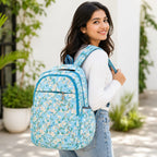 Floral Printed Quilted Backpack for Women & Girls | Lightweight School, College & Travel Backpack | Multiple Compartments | Sky Blue