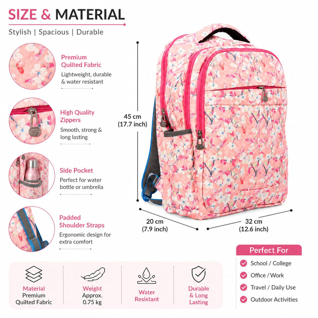 Floral Printed School Backpack for Girls & Women | Lightweight Quilted Laptop/College Bag | Multi-Compartment Travel Backpack | Pink