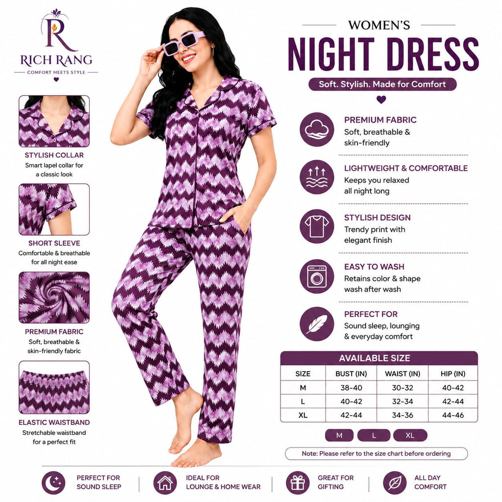 Women's Cotton Printed Night Suit Set | Half Sleeve Button-Down Shirt & Full-Length Pajama | Soft & Comfortable Loungewear Sleepwear