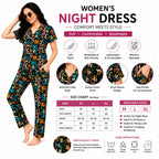 Women's Cotton Printed Night Suit Set | Front Open Button-Down Shirt & Full Length Pajama | Half Sleeve Soft Breathable Sleepwear & Loungewear for Women (Black Multicolor Letter Print)