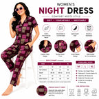 Women's Cotton Printed Night Suit Set | Half Sleeve Button-Down Shirt & Full-Length Pajama | Soft & Comfortable Loungewear Sleepwear (Maroon Check Print)