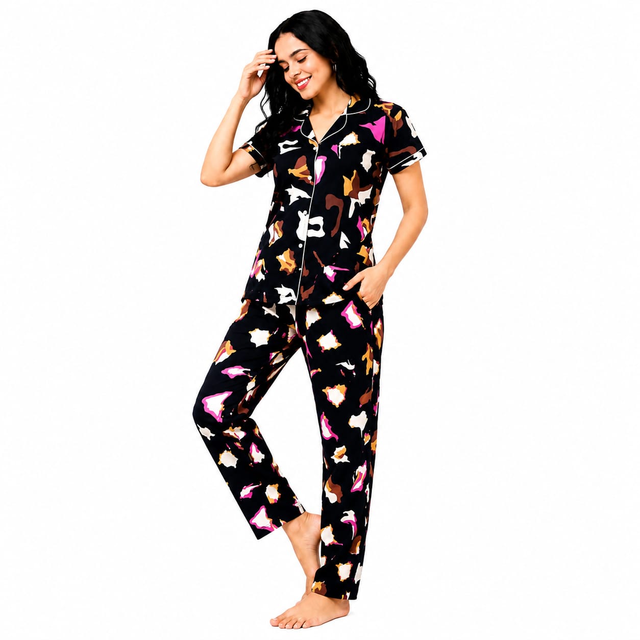 Women's Cotton Printed Night Suit Set | Front Open Button Shirt & Full Length Pajama | Half Sleeve Soft Breathable Sleepwear & Loungewear for Women (Black Multi Print)