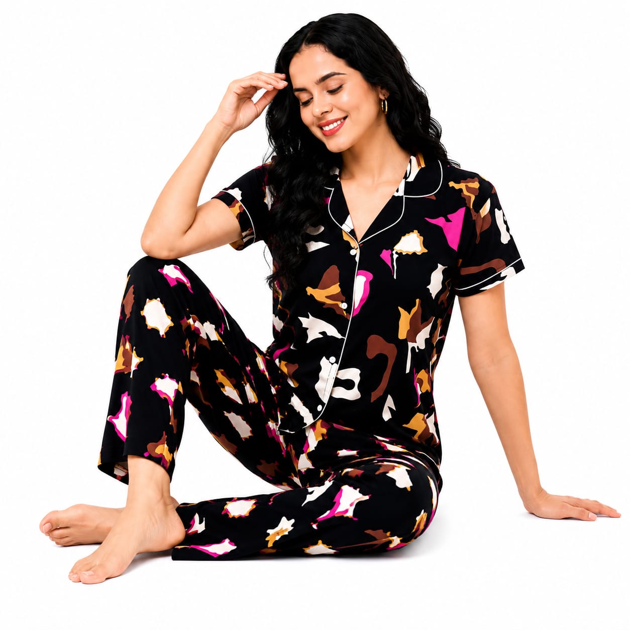 Women's Cotton Printed Night Suit Set | Front Open Button Shirt & Full Length Pajama | Half Sleeve Soft Breathable Sleepwear & Loungewear for Women (Black Multi Print)