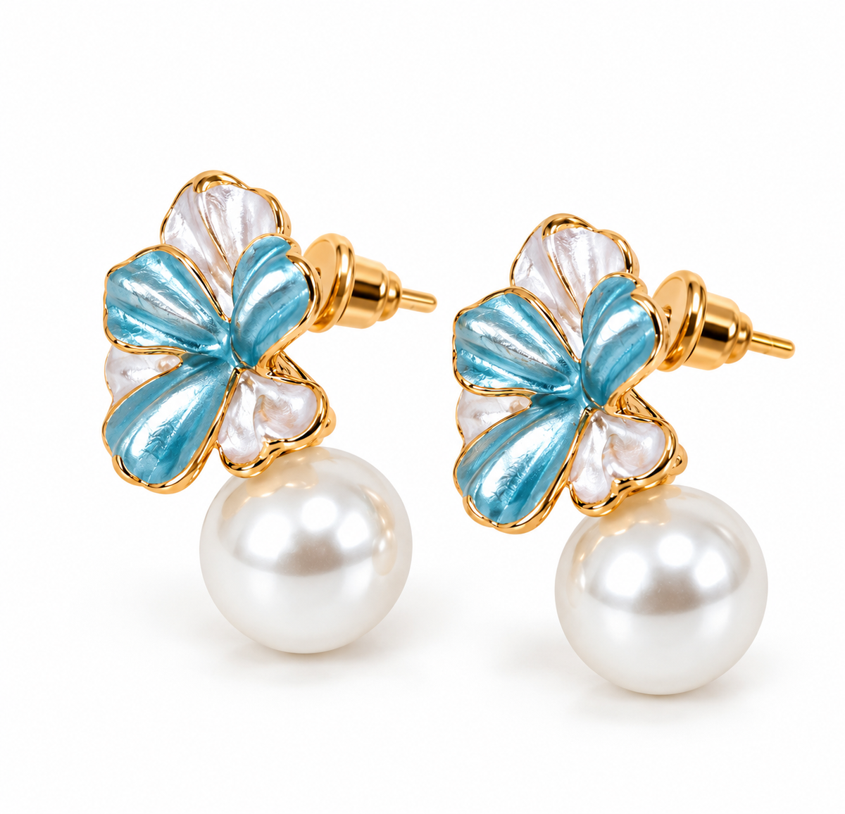 Gold-Toned Blue Floral Pearl Drop Stud Earrings for Women